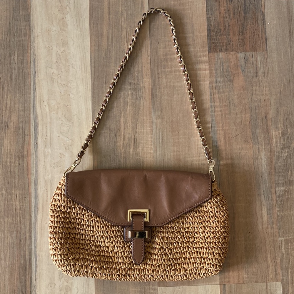 Michael KORS brown leather wicker rare CLUTCH shoulder small purse trendy summer
